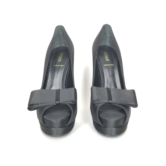 FENDI Peep Toe Heels in Black Satin with Bow Platform Stiletto Pumps EU 37 - Picture 10 of 16